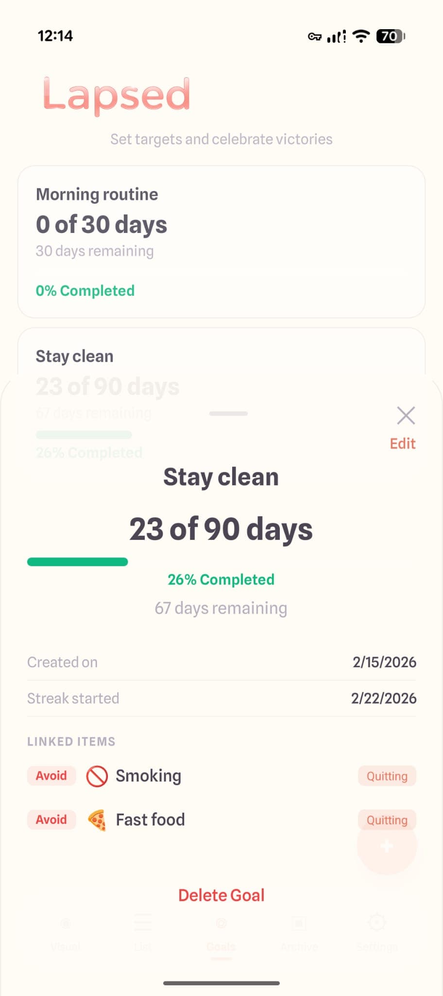 Lapsed goals screen showing tracked milestones and progress