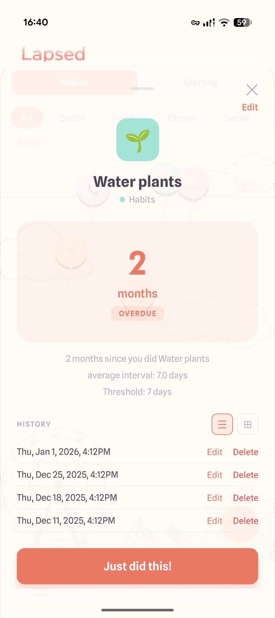 Lapsed item detail screen showing tracking for watering plants