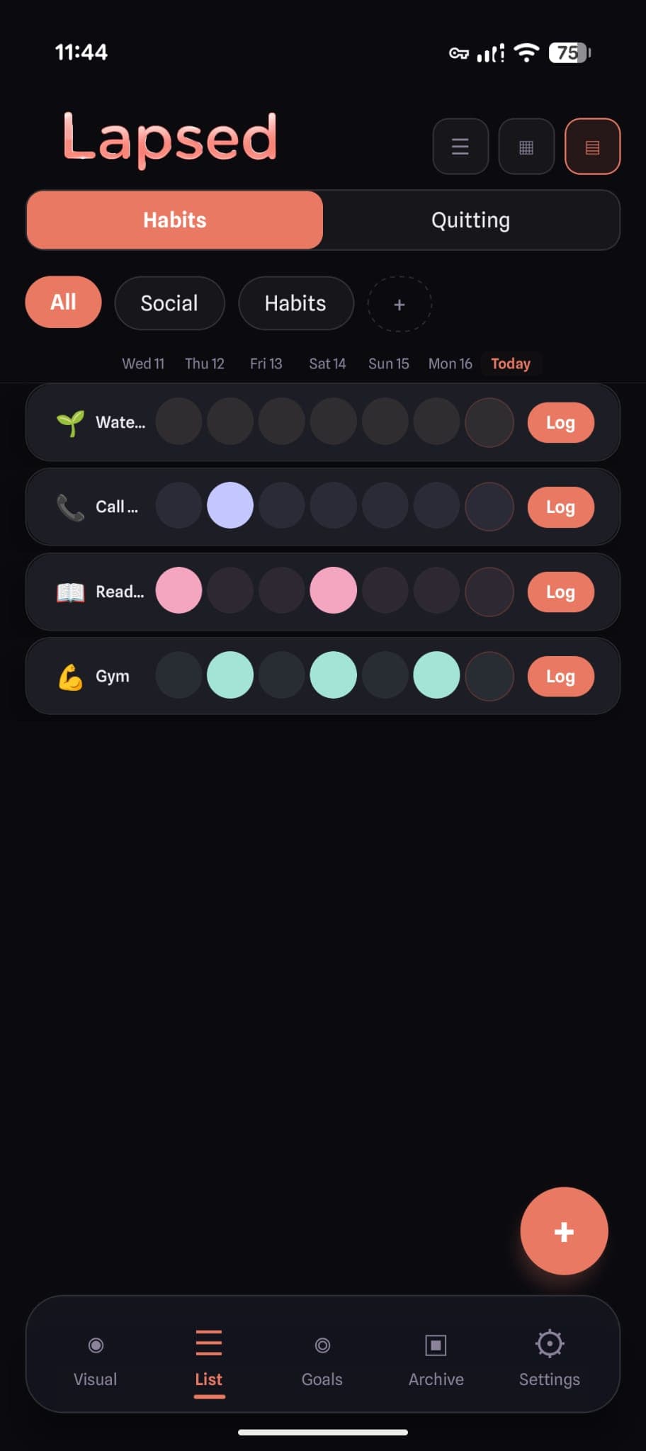 Lapsed compact list view showing a simple, clean list of tracked items in dark mode